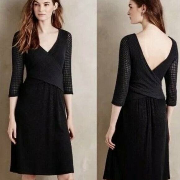 Anthropologie Amadi Minimalist Modern Classic Black Mix Textured Wrap Dress S/M‎ - Picture 1 of 10